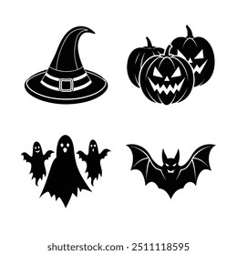 Halloween vector icons of hat pumpkins ghosts and bat 