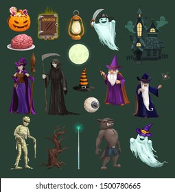 Halloween vector icons with pumpkin, ghost and bat, horror witch, hat and trick or treat candy, autumn holiday design. Death skeleton skull, moon and mummy, haunted house, werewolf and wizard