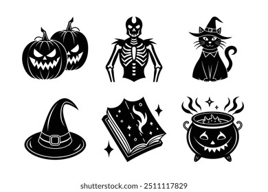 Halloween vector icons of pumpkins skeleton cat hat magic-book 