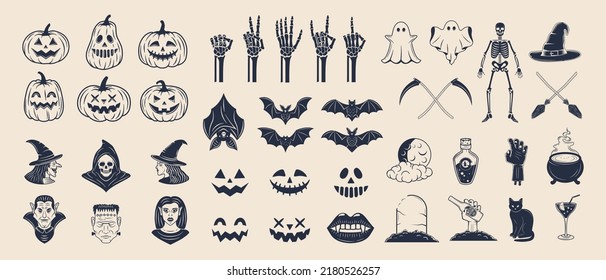 Halloween-Vektorsymbol gesetzt. 42 Halloween-Vintage-Symbole und Silhouetten einzeln auf weißem Hintergrund. Wunderschöne Dekorationen für Logo, Emblem, Poster, Banner, Einladung, Hintergrunddesign.