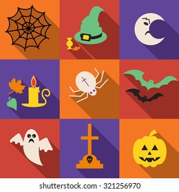 Halloween vector icons set in a flat design with long shadow  . Pumpkin head,  halloween hat, bat,  ghost . Cartoon halloween icons set, halloween silhouette for halloween party. 