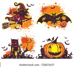 Halloween vector icons set. Grunge design elements with texture stains. Flying witch on broom, bat, haunted house with ghosts, Jack o Lantern, pumpkin with smiling face, isolated on white background