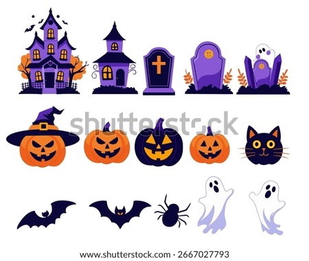 Halloween Vector Icons Set, Haunted House, Pumpkins, Ghosts, Bats, Cat and Spider