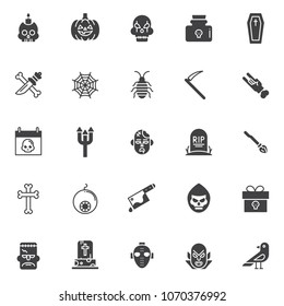 Halloween vector icons set, modern solid symbol collection, filled style pictogram pack. Signs, logo illustration. Set includes icons as skull with candle, pumpkin, poison bottle, coffin, knife bone