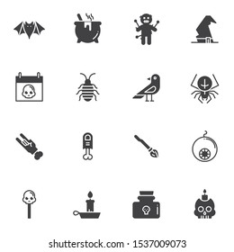 Halloween vector icons set, modern solid symbol collection, filled style pictogram pack. Signs, logo illustration. Set includes icons as bat, potion cauldron, spider, human skull, eyeball, Voodoo Doll