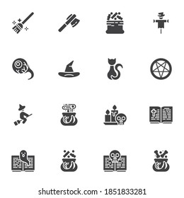 Halloween vector icons set, modern solid symbol collection, filled style pictogram pack. Signs, logo illustration. Set includes icons as witch broom, magic potion, wizard hat, spell book, black cat