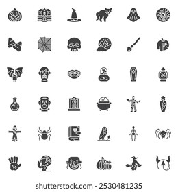 Halloween vector icons set, modern solid symbol collection, filled style pictogram pack. Signs, logo illustration. Set includes icons as Jack Lantern, Spooky pumpkin, Spider, Zombie, Witch, Gravestone