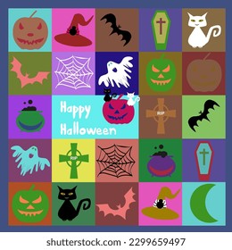 Halloween vector icons set. Pumpkin head, witch broom, candy and Halloween hat. Cartoon Halloween icons set, Halloween night, ghost, pumpkin, spider