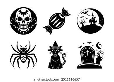 Halloween vector icons of skull candy full-moon spider cat and gravestone