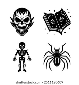 Halloween vector icons of skull magic-book skeleton and spider