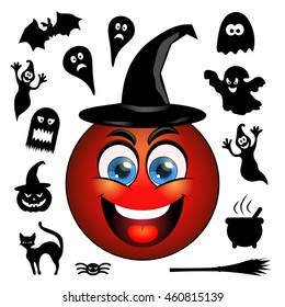 Halloween vector icons. Smiling red emoticon in a black hat.