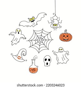 Halloween vector icons. Halloween symbols in doodle style. Traditional images. Ghosts, pumpkins, potion, bat, spider, cobweb. Vector illustration. Isolated background.