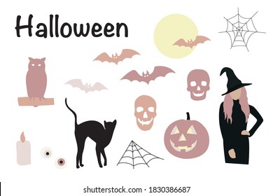 Halloween vector illustration, abstract elements in modern style, trendy colors. Bats, witch, cat, skull, pumpkin, candle isolated on white background