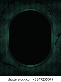 Fondo de la ilustración vectorial de Halloween con cuarto antiguo craqueado envejecido con papel pintado en forma de diamante y marco verde