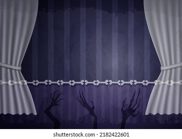 Halloween vector illustration background with frame of aged old room with blue striped grunge wallpaper, creepy hands and bones