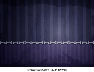Halloween vector illustration background with frame of aged old room with blue striped grunge wallpaper and bones