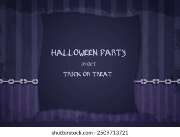 Plano de fundo de ilustração de vetor de Halloween com quadro de velho quarto velho com papel de parede grunge listrado azul, ossos e banner da festa