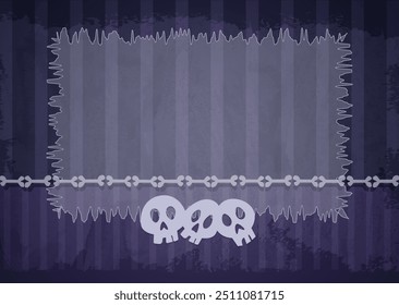 Fondo de Ilustración vectorial de Halloween con marco de habitación antigua envejecida con Fondo de pantalla grunge a rayas azules, huesos y Anuncio transparente de fiesta