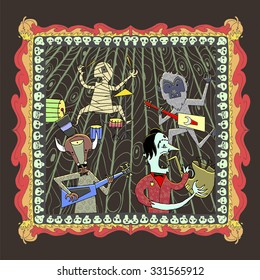 Halloween vector illustration: A band of creepy musicians in a framed picture playing some funky music