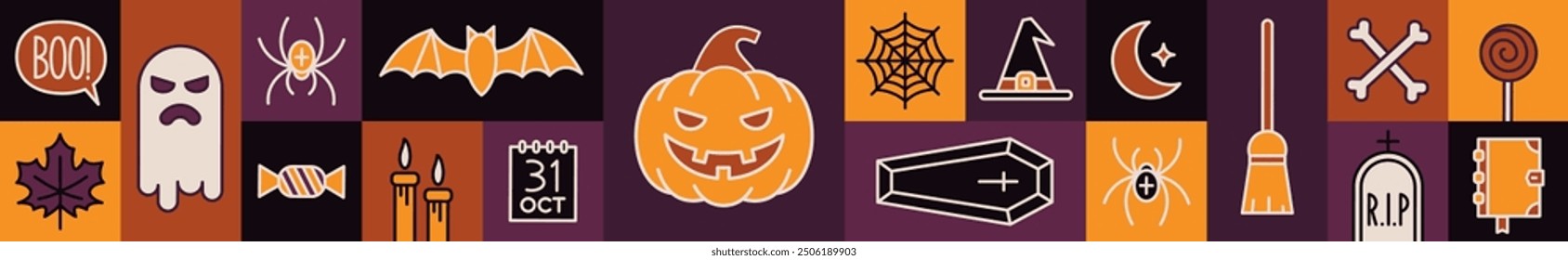 Halloween vector illustration. Banner with outline halloween sign and symbols.
