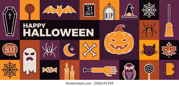 Halloween vector illustration. Banner with outline halloween sign and symbols.