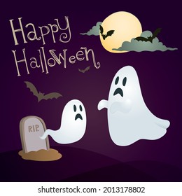 Halloween vector illustration : banner or party invitation purple background with night clouds, fullmoon, ghosts and tombstone.