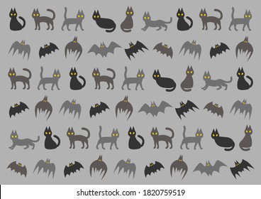 Halloween. Vector illustration of bat and black cat. Background pattern.