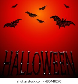Halloween vector illustration. Bats fly and letters. Drawing and lettering is handmade on dark red background. 