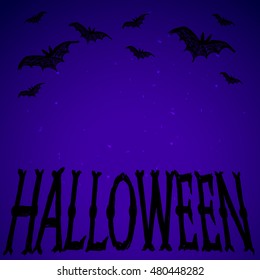 Halloween vector illustration. Bats fly and letters. Drawing and lettering is on dark blue background. 
