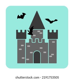 Halloween vector illustration of a beautiful view of a castle and bats in the sky. Holiday seasonal picture made up of medieval castle and flying bats.