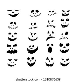 Halloween Vector Illustration. Big Set Of Hand Drawn, Doodle Scary, Smile Faces Isolated On White Background. Spooky Character For Banner, Poster, Invitation Or Festive Decoration