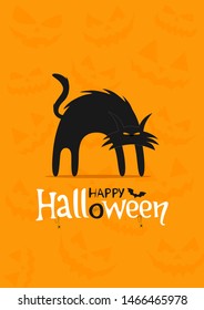 Halloween vector illustration with black cat on orange background with pumpkins carved faces silhouettes. Holiday poster template.