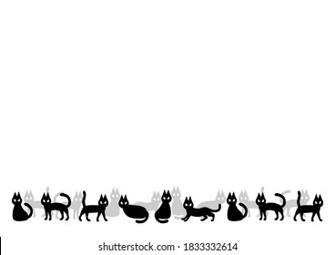 Halloween. Vector illustration of black cat. Background pattern. Decorative frame. Black and white. 
