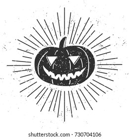 Halloween vector illustration with black silhouette of pumpkin, scroll and sunburst on white background with grunge texture. Typography poster, card, banner design.