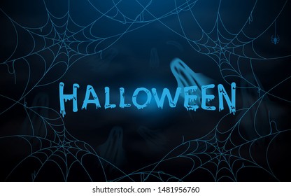 Halloween. Vector illustration with blue spider web and ghosts. Spooky night background