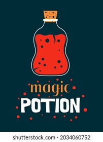 halloween vector illustration with bottle and magic red potion isolated on black background, simple flat design