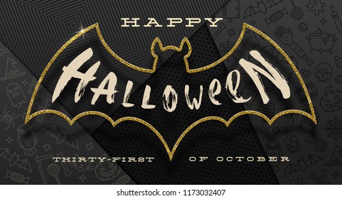 Halloween Vector illustration. Brush calligraphy greeting inside a outline of glitter gold bat, against a black paper background with linear Halloween signs and symbols.