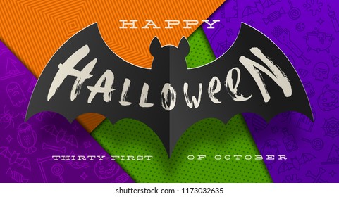 Halloween Vector illustration. Brush calligraphy greeting on a silhouette of paper bat against a multi-colored paper background with linear Halloween signs and symbols.