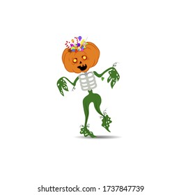 Halloween vector illustration. Candy-stuffed pumpkin head on a white background. Pumpkin skeleton with leaves instead of arms and legs.