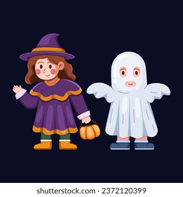 Halloween vector illustration capturing spirit of children dressed as witches and ghosts. The scene is filled with laughter, playful spirits, and the joy of the season. 