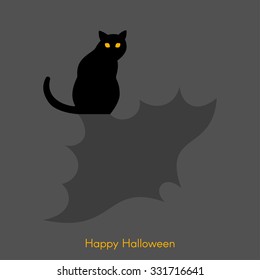 Halloween vector illustration or card with a cat and a bat shadow