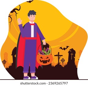 Halloween vector illustration. Cartoon man dressed as a dracula in the cemetery.