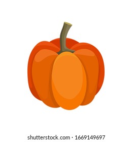 Halloween vector Illustration in cartoon style with ripe fresh orange pumpkin Isolated on white backdrop. organic bright gourd, autumn design template, Eco food concept, graphic design element