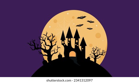 Halloween. Vector illustration of a castle on a full moon.
