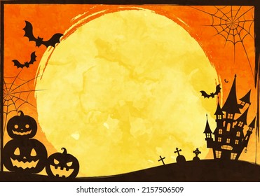 Halloween vector illustration of castle, pumpkin and full moon
