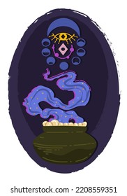 Halloween vector illustration. Сomposition with cauldron with magic potion, magic symbol. Posters and prints for tee, flat art, cartoon style