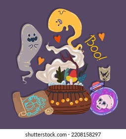 Halloween vector illustration. Сomposition with cauldron, potion bottle, sigil scroll, ghosts. Posters and prints for tee, cartoon style