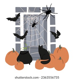 Halloween vector illustration with characters and pets in costumes, October festival scenes, Outdoor party flat style images clipart, digital download, black kids witch ghost skeleton cat dog clip art