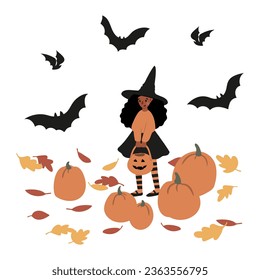 Halloween vector illustration with characters and pets in costumes, October festival scenes, Outdoor party flat style images clipart, digital download, black kids witch ghost skeleton cat dog clip art