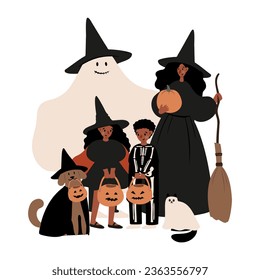 Halloween vector illustration with characters and pets in costumes, October festival scenes, Outdoor party flat style images clipart, digital download, black kids witch ghost skeleton cat dog clip art